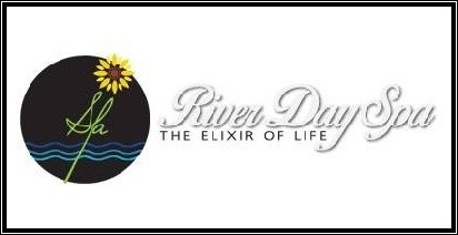 Three Blue Wavy Lines with a beautiful yellow flower that depicts the Spa Text inside the Black Circle, The Riverday Spa's Logo, Text Mentioned.