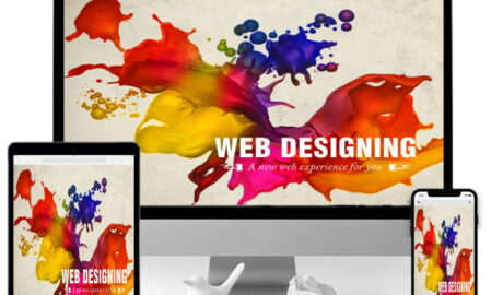 There are three devices viz., computer system, tablet and smartphone which reads Web designing with colorful background.