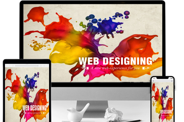 There are three devices viz., computer system, tablet and smartphone which reads Web designing with colorful background.